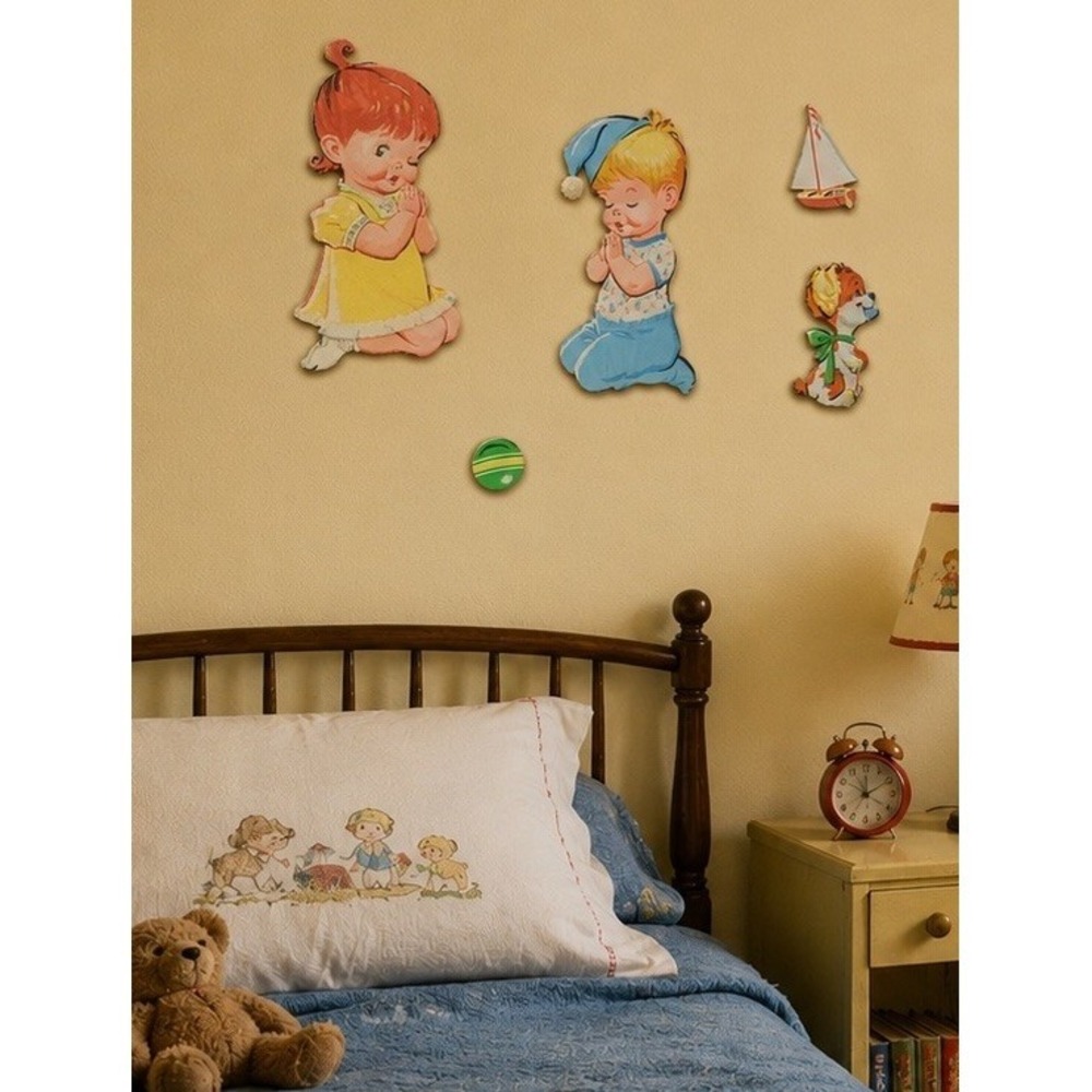 Vtg 50s Dolly Toy Co. Girl & Boy Praying w/ Dog Wall Decor Hanging Set NOS